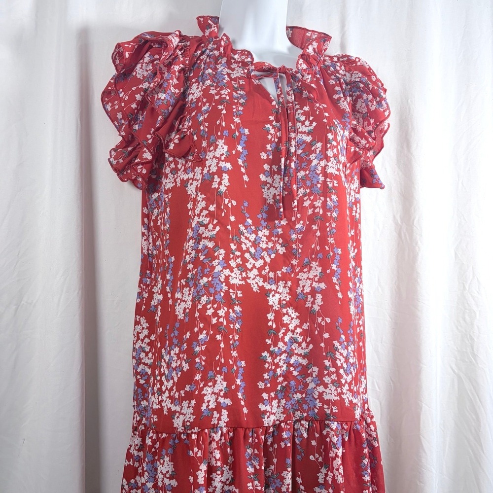 Dokotoo‎ Dress Floral Ruffle Cap Sleeve Tie Neck Red EUC Classic Preppy Floral